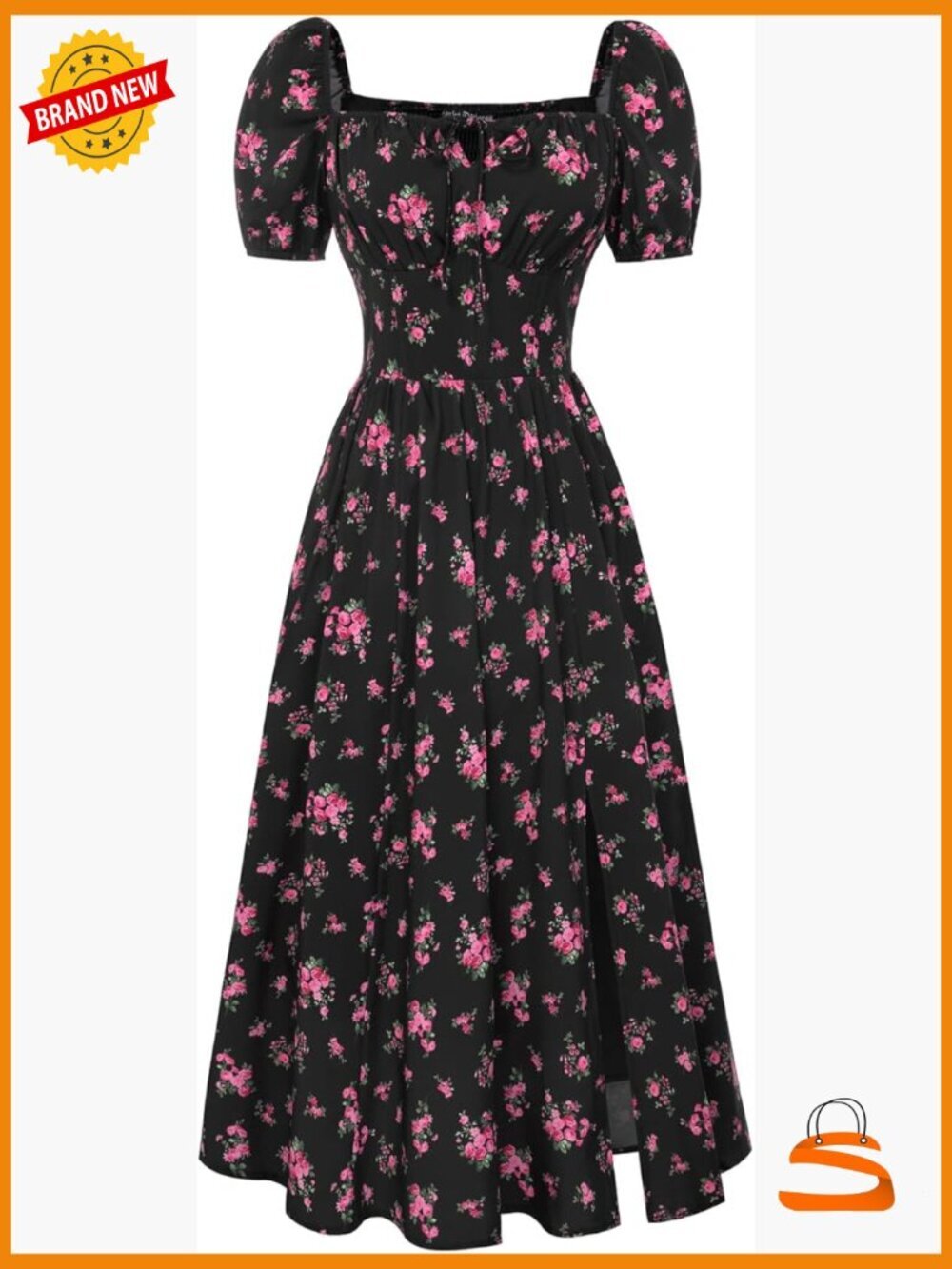 Floral Square Neck Midi Dress with Side Slit & Pockets
